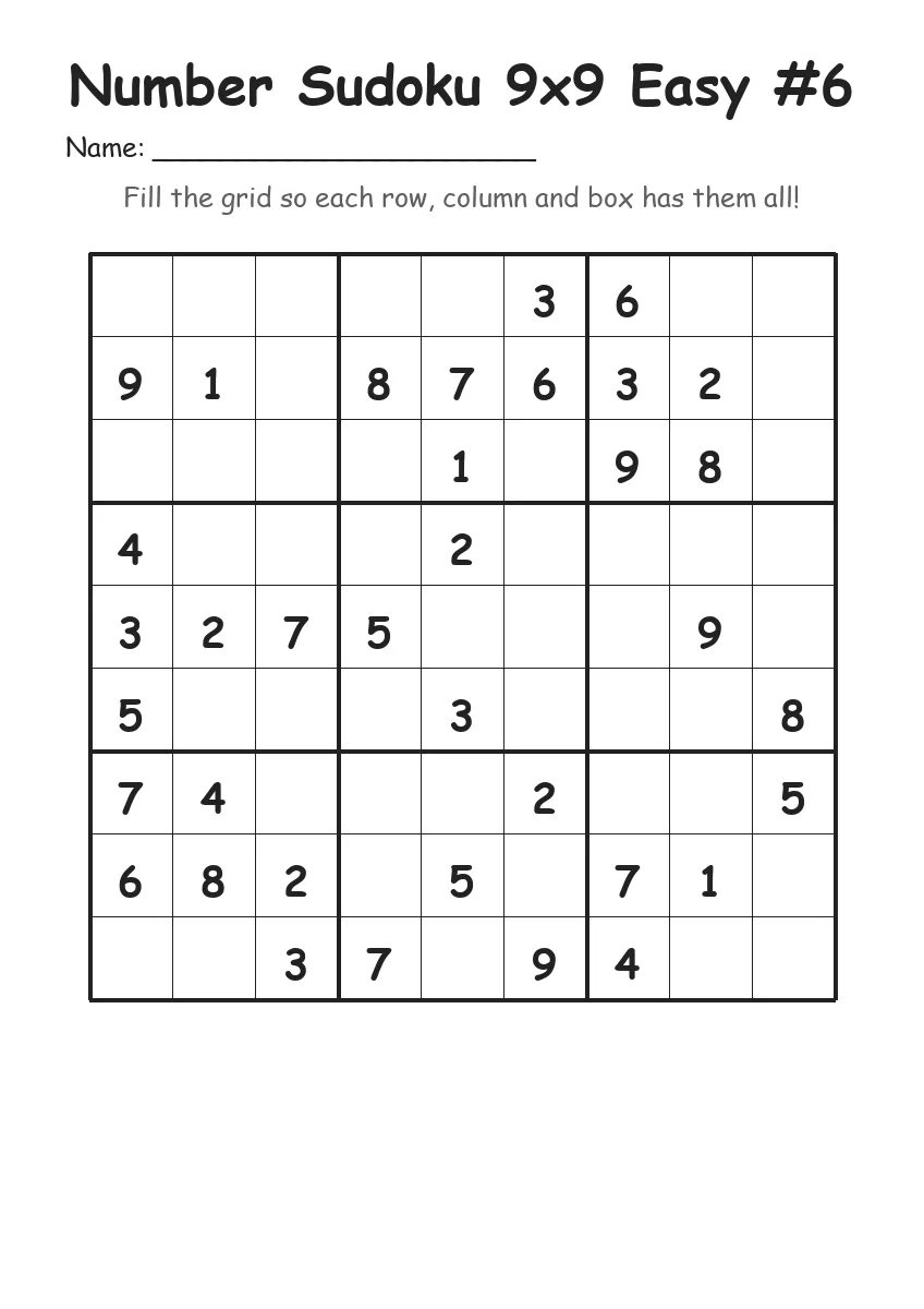 Number Sudoku 9x9 Easy #6 (Grade 3) worksheet for Grade 3