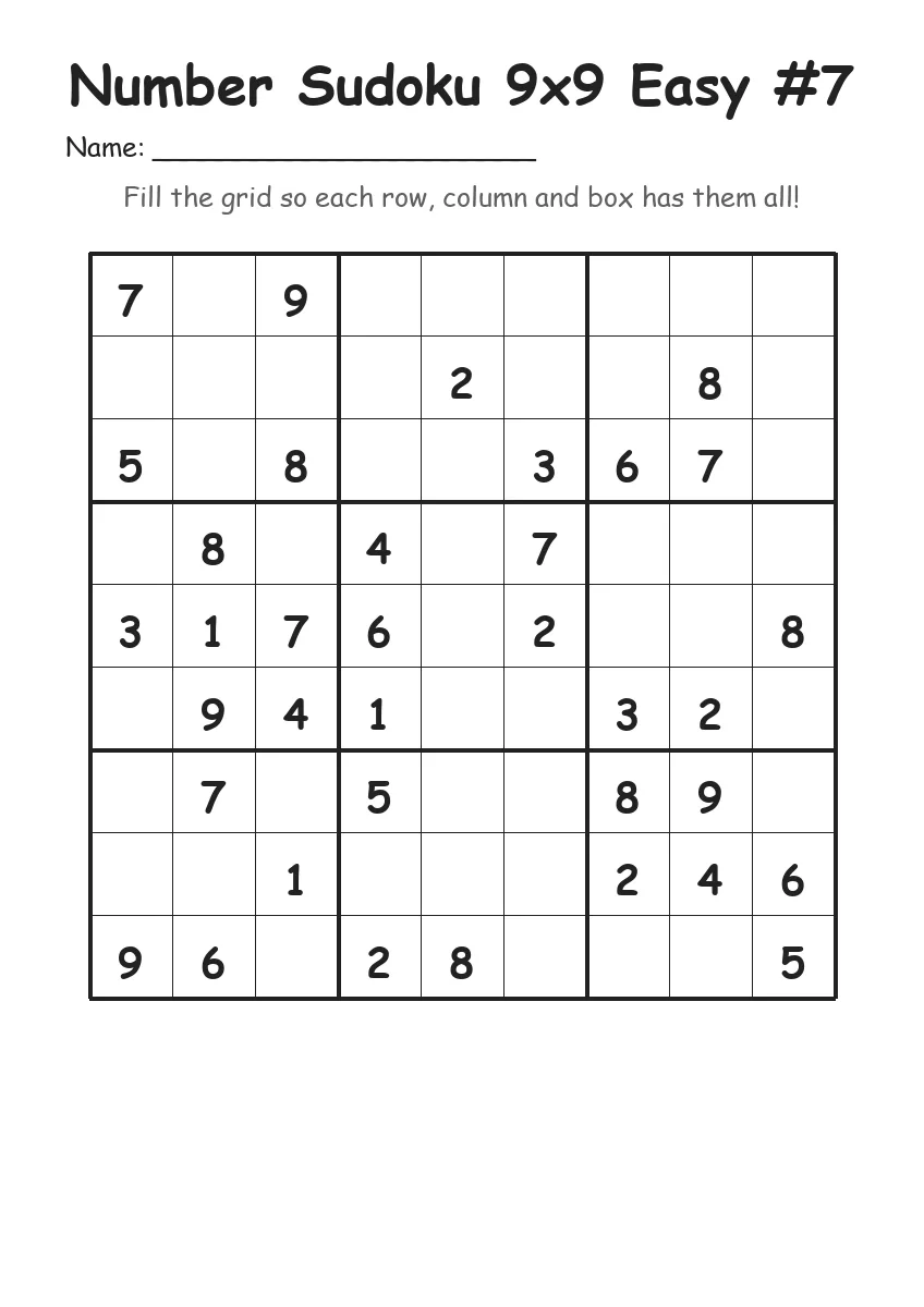 Number Sudoku 9x9 Easy #7 (Grade 3)