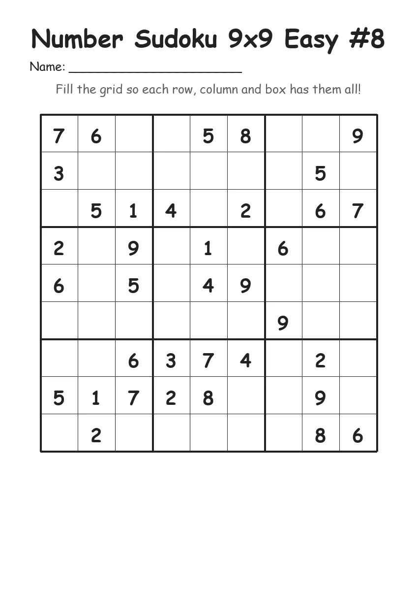 Number Sudoku 9x9 Easy #8 (Grade 3) worksheet for Grade 3