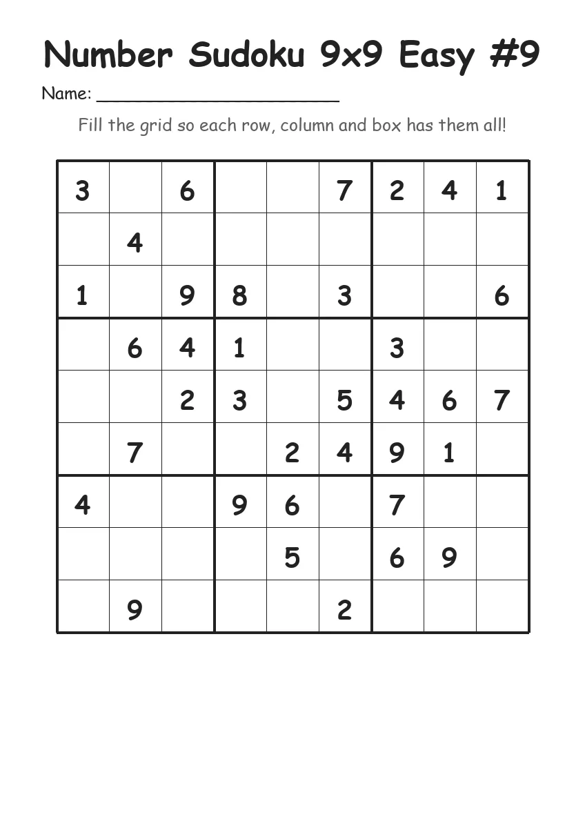 Number Sudoku 9x9 Easy #9 (Grade 3) worksheet for Grade 3