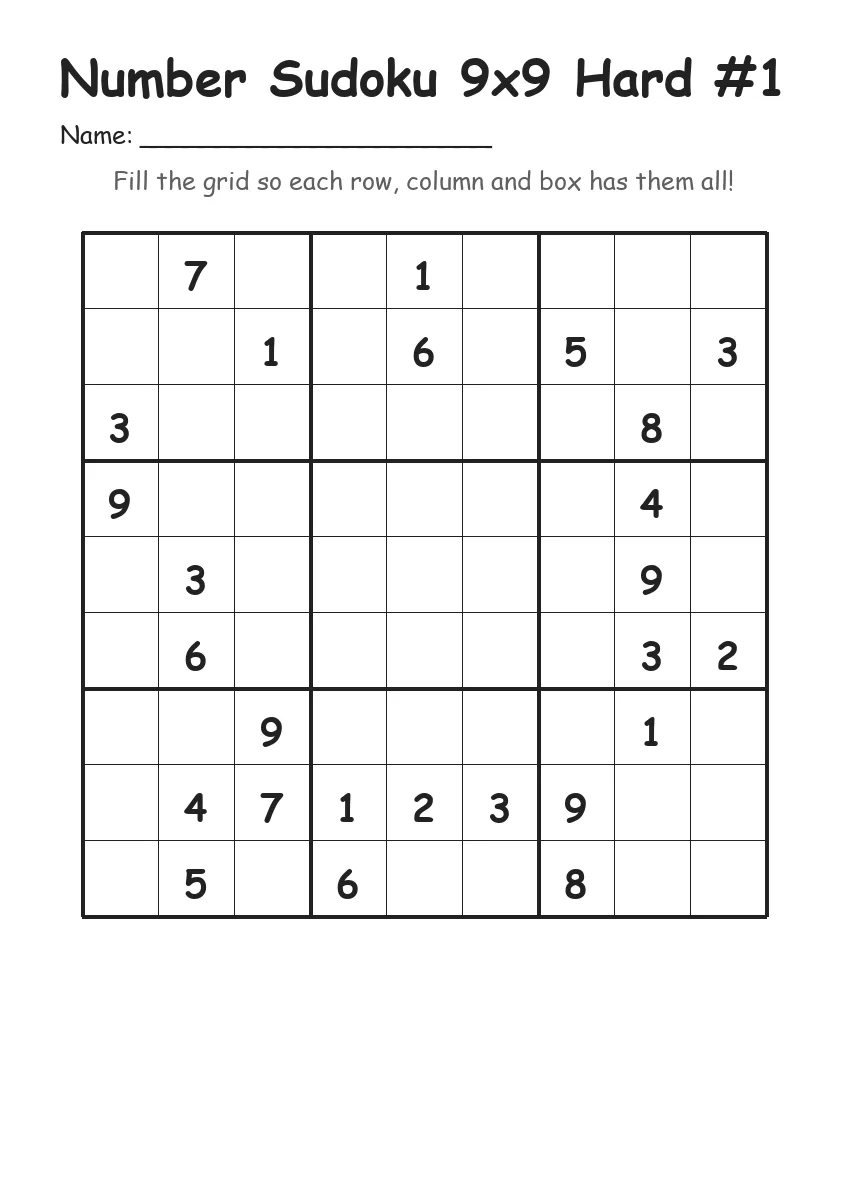Number Sudoku 9x9 Hard #1 (Grade 5)