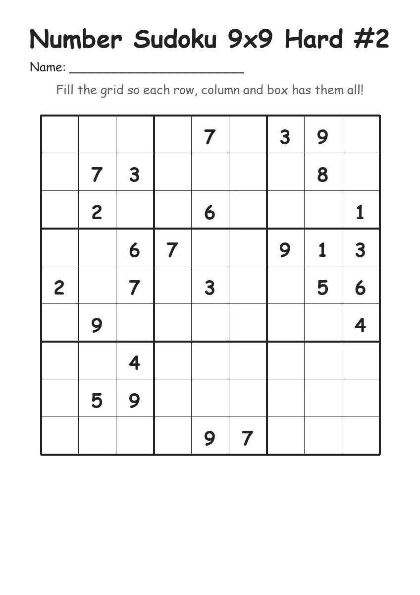 Number Sudoku 9x9 Hard #2 (Grade 5)