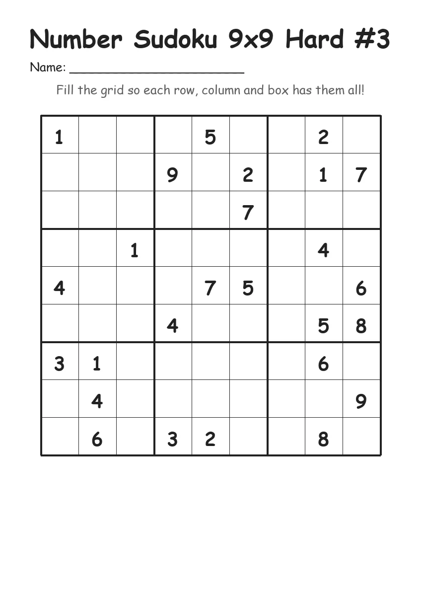 Number Sudoku 9x9 Hard #3 (Grade 5)