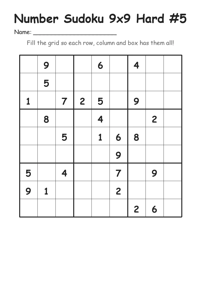 Number Sudoku 9x9 Hard #5 (Grade 5)