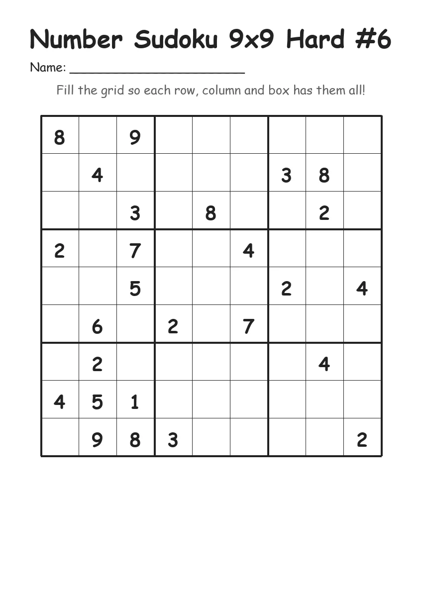 Number Sudoku 9x9 Hard #6 (Grade 5)