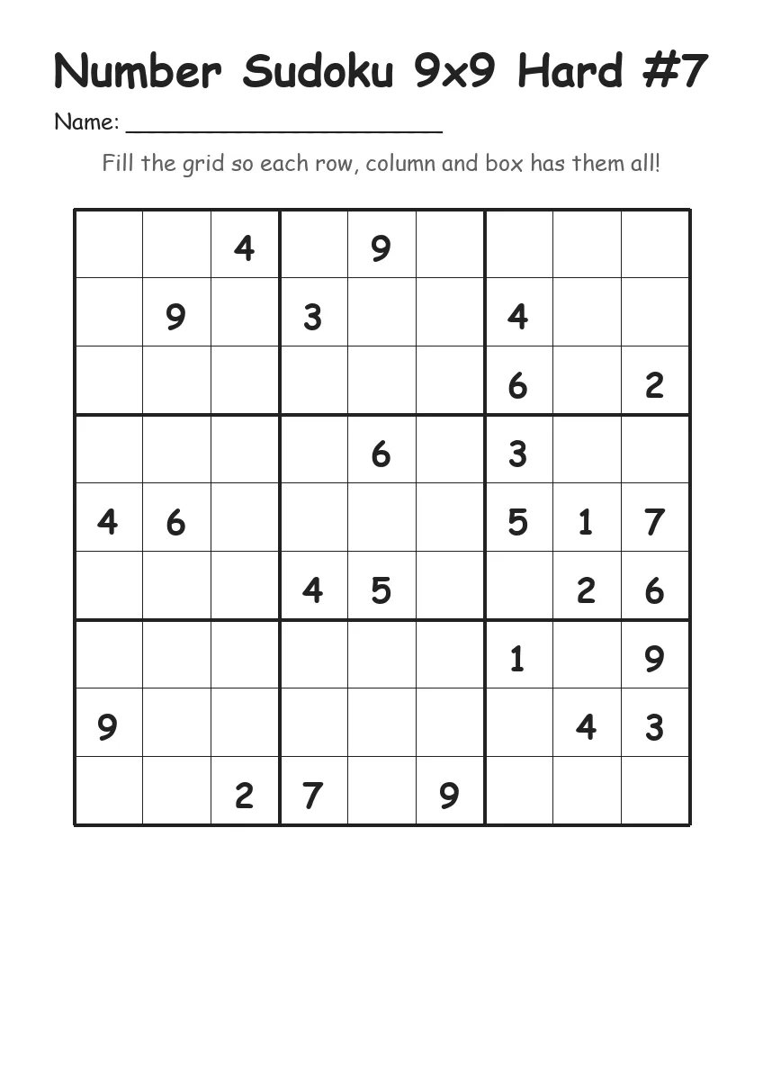 Number Sudoku 9x9 Hard #7 (Grade 5) worksheet for Grade 5