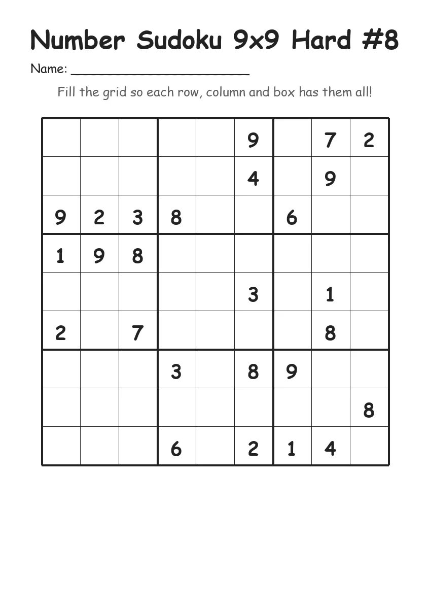 Number Sudoku 9x9 Hard #8 (Grade 5) worksheet for Grade 5