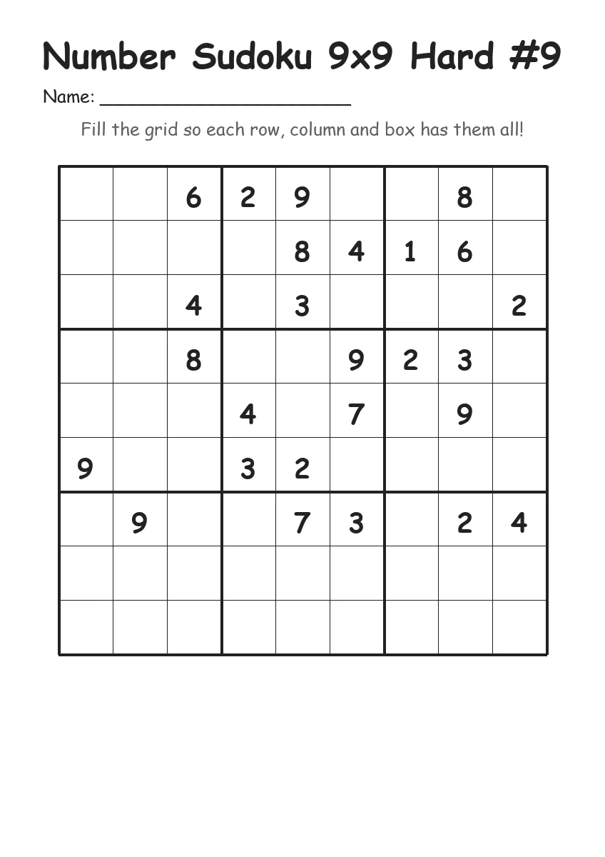 Number Sudoku 9x9 Hard #9 (Grade 5) worksheet for Grade 5