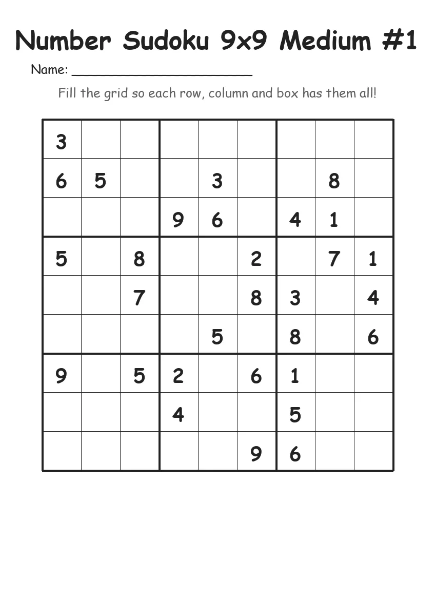Number Sudoku 9x9 Medium #1 (Grade 4) worksheet for Grade 4