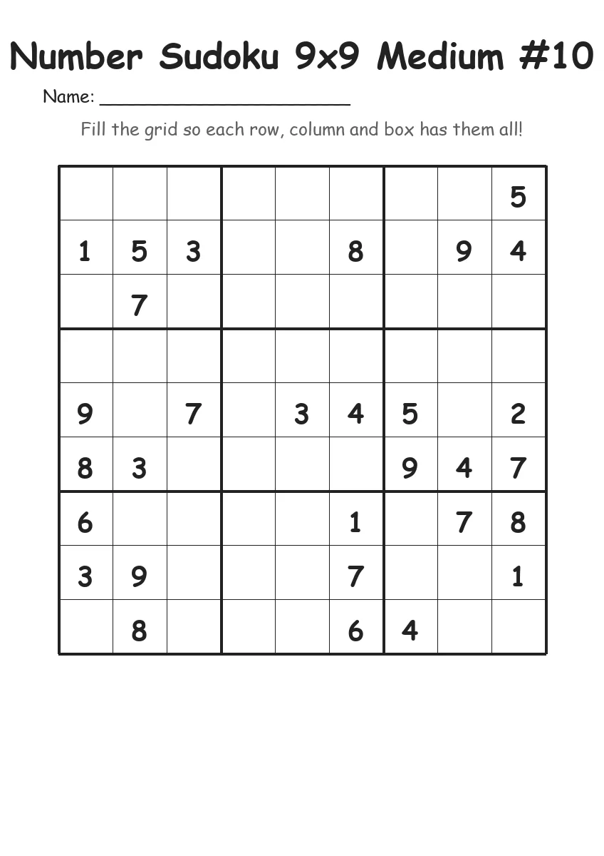 Number Sudoku 9x9 Medium #10 (Grade 4)