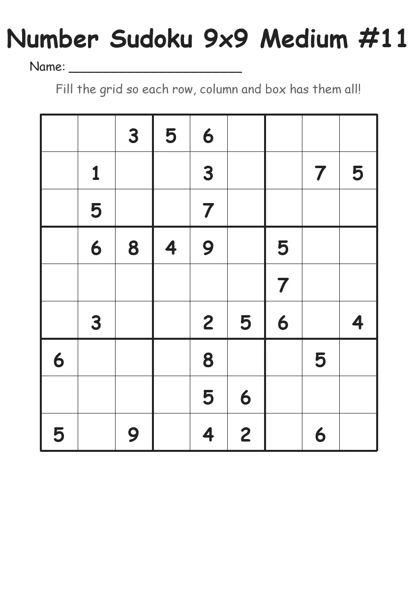 Number Sudoku 9x9 Medium #11 (Grade 4)