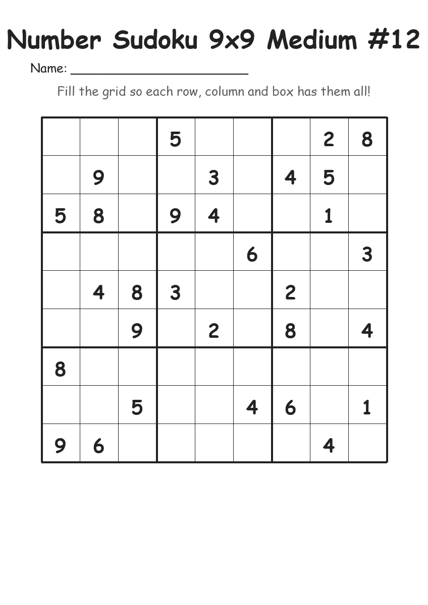 Number Sudoku 9x9 Medium #12 (Grade 4)