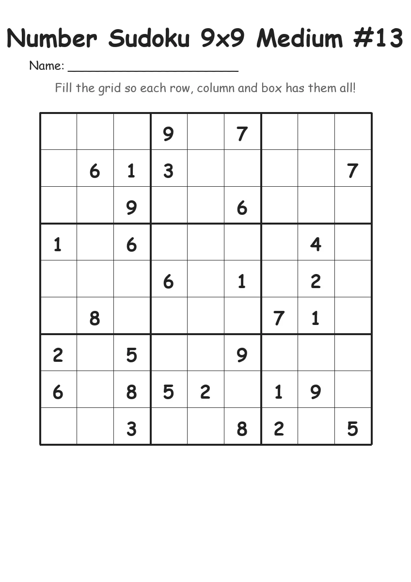 Number Sudoku 9x9 Medium #13 (Grade 4)