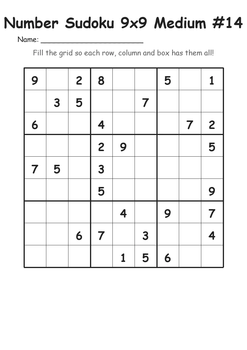 Number Sudoku 9x9 Medium #14 (Grade 4)
