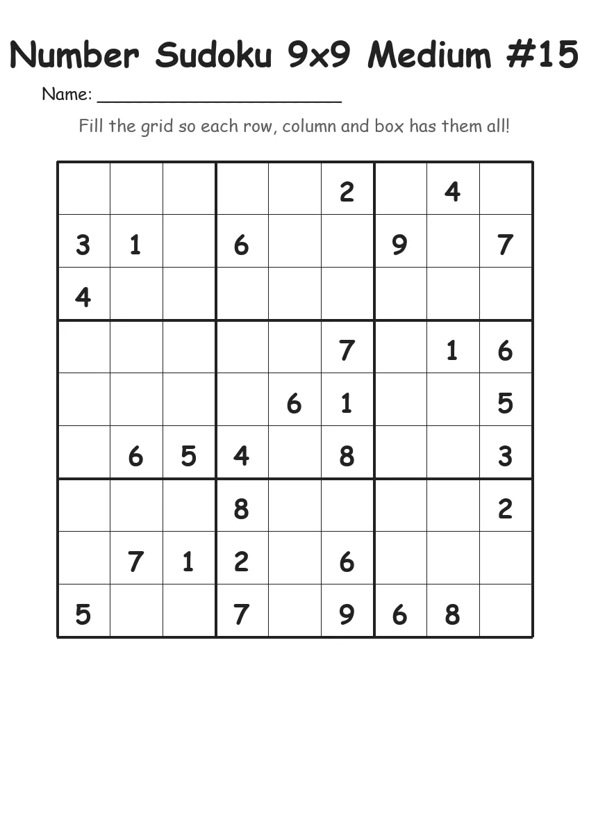 Number Sudoku 9x9 Medium #15 (Grade 4)