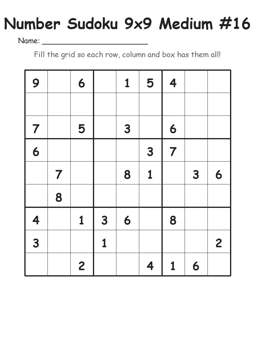 Number Sudoku 9x9 Medium #16 (Grade 4) worksheet for Grade 4