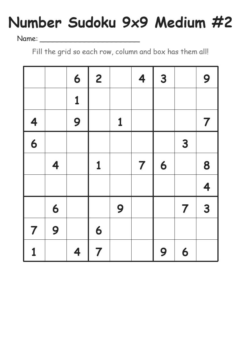 Number Sudoku 9x9 Medium #2 (Grade 4) worksheet for Grade 4