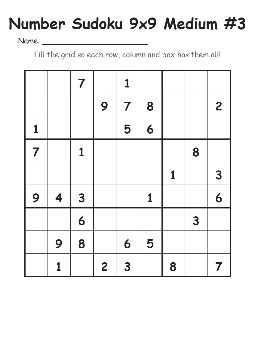 Number Sudoku 9x9 Medium #3 (Grade 4)