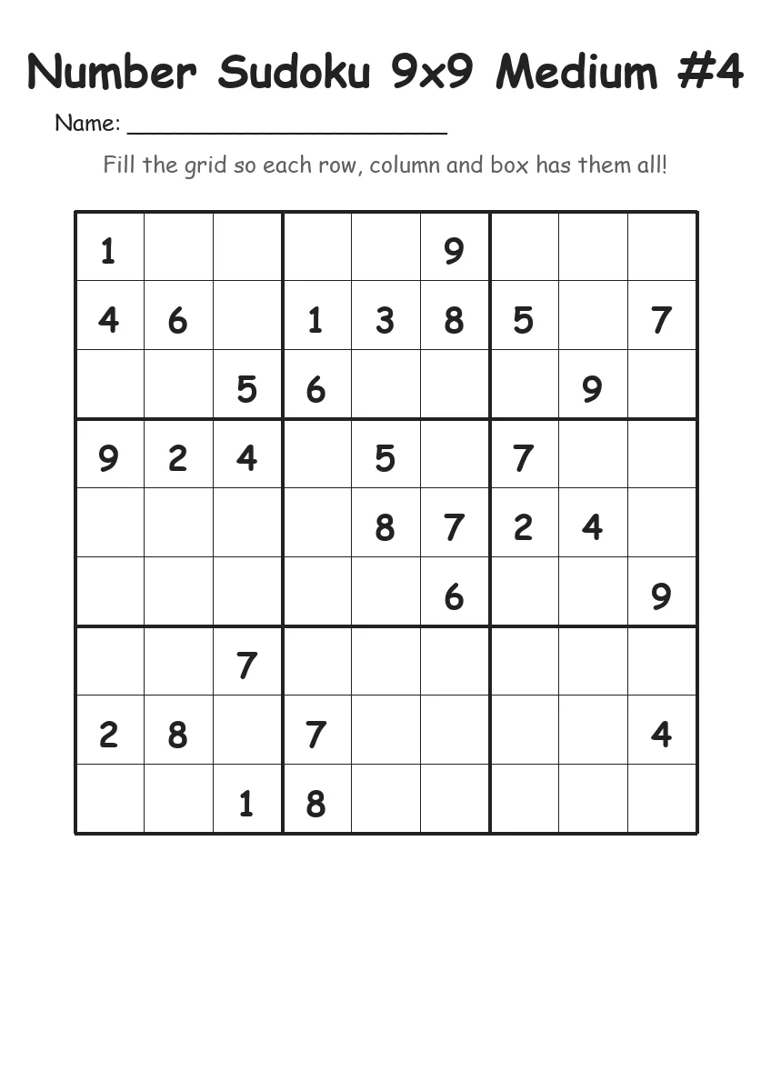 Number Sudoku 9x9 Medium #4 (Grade 4)
