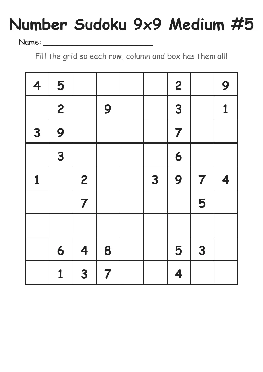 Number Sudoku 9x9 Medium #5 (Grade 4)