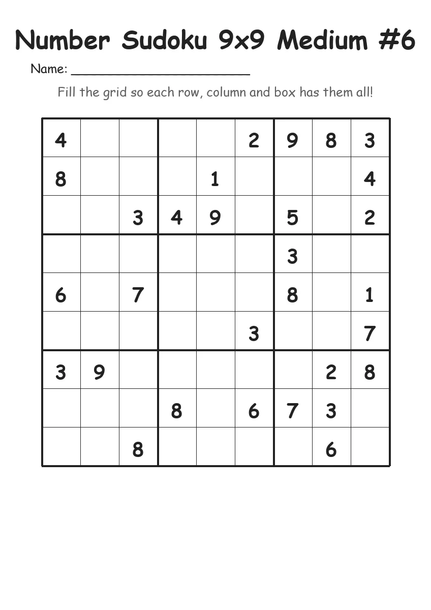 Number Sudoku 9x9 Medium #6 (Grade 4) worksheet for Grade 4