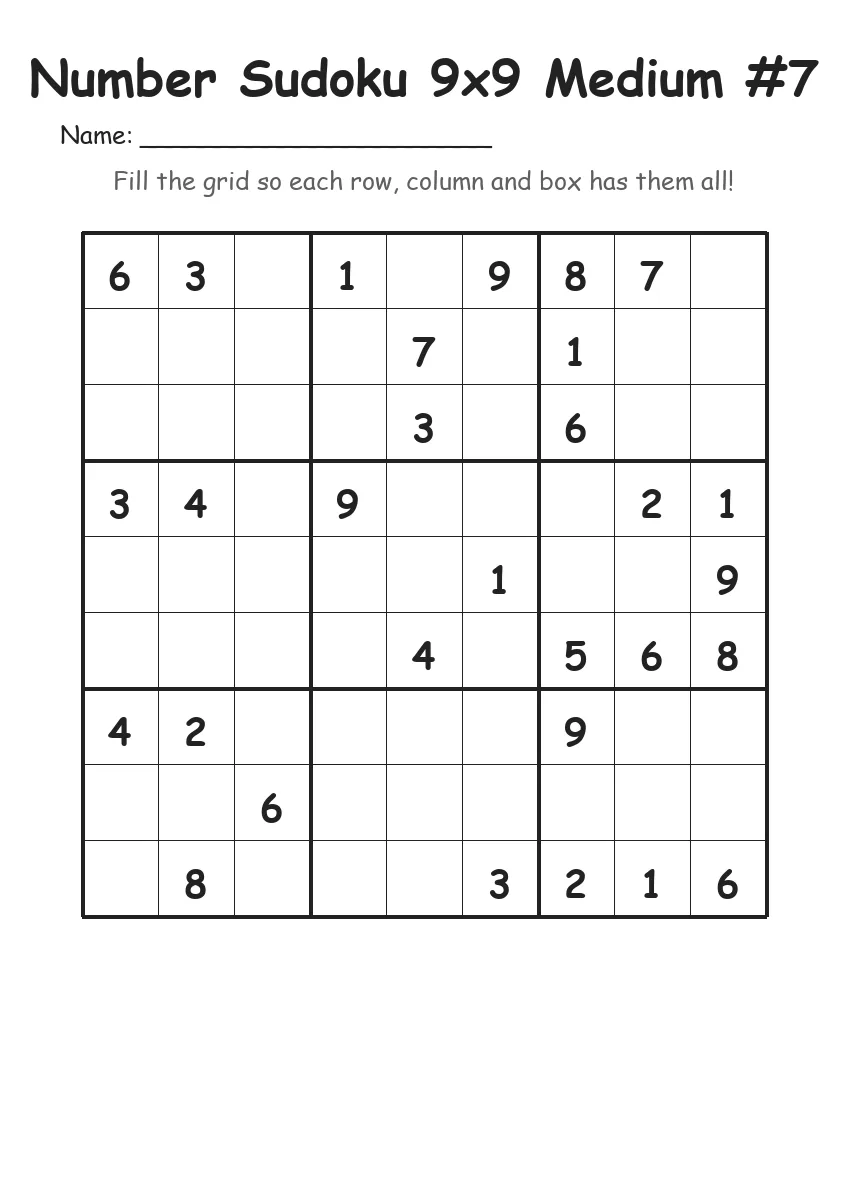 Number Sudoku 9x9 Medium #7 (Grade 4)