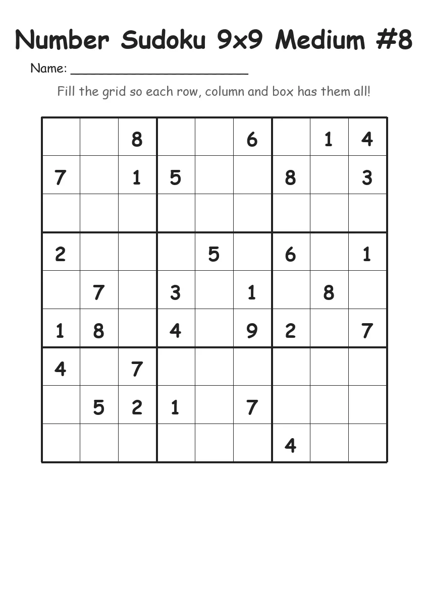 Number Sudoku 9x9 Medium #8 (Grade 4)