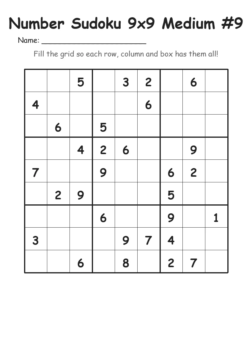 Number Sudoku 9x9 Medium #9 (Grade 4) worksheet for Grade 4
