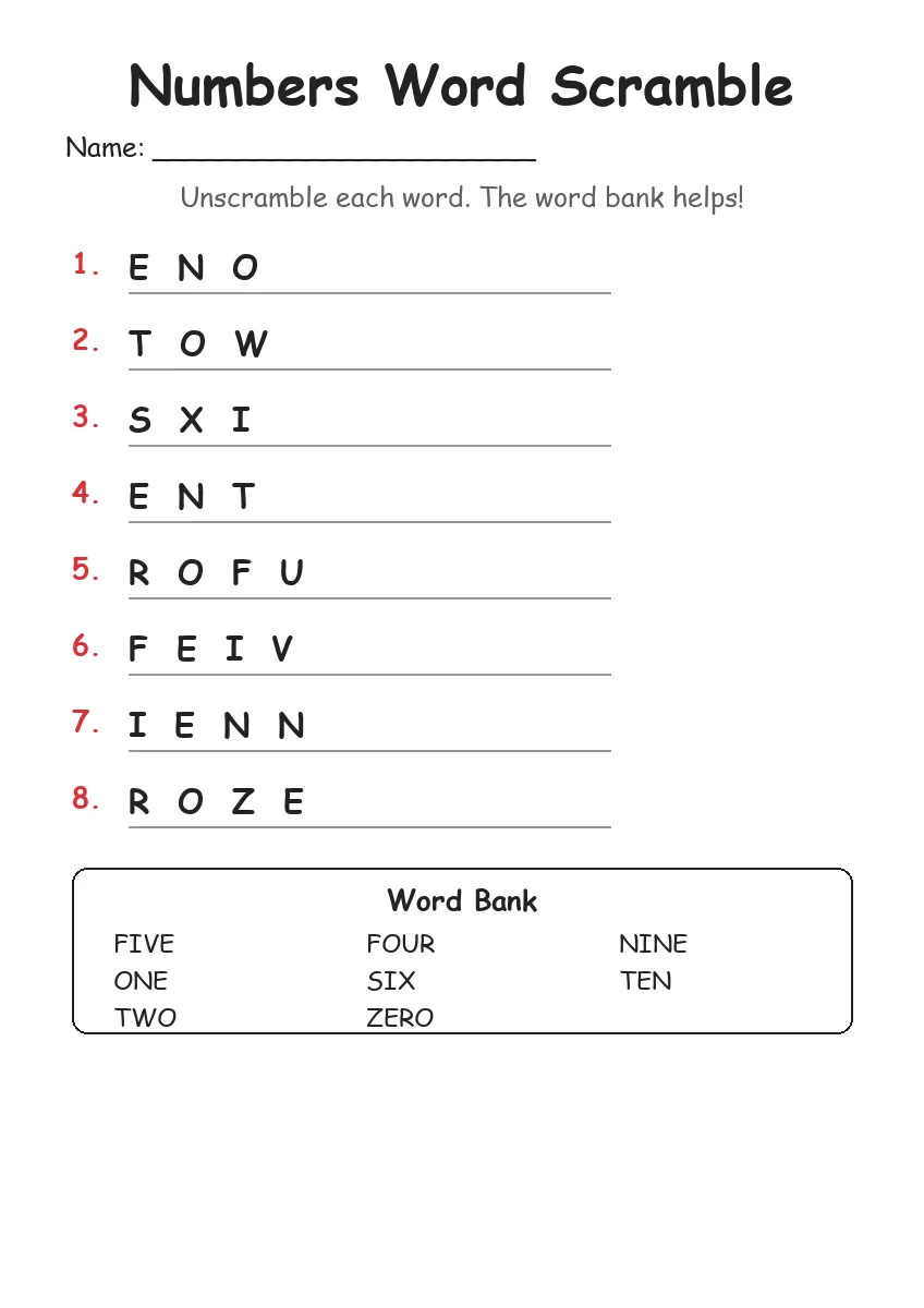 Numbers word scramble worksheet for Grade 1