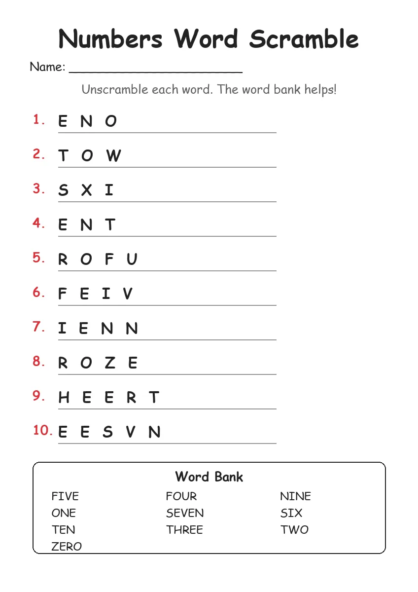 Numbers word scramble worksheet for Grade 3