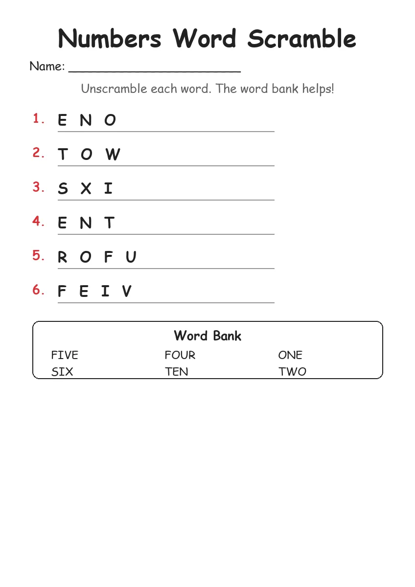 Numbers word scramble worksheet for Kindergarten