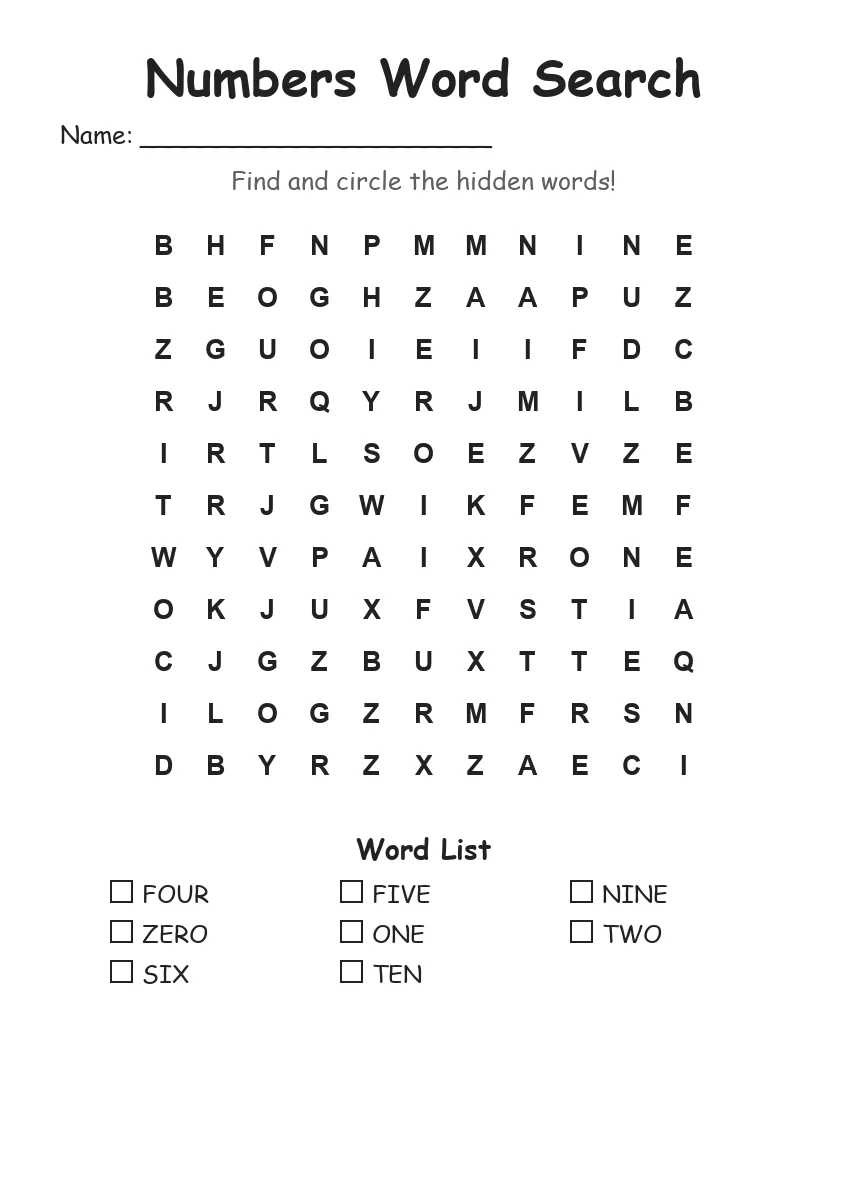 Numbers word search worksheet for Grade 1