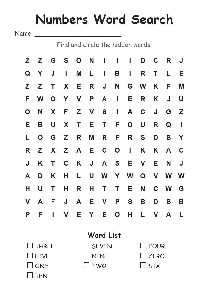 Numbers word search worksheet for Grade 2