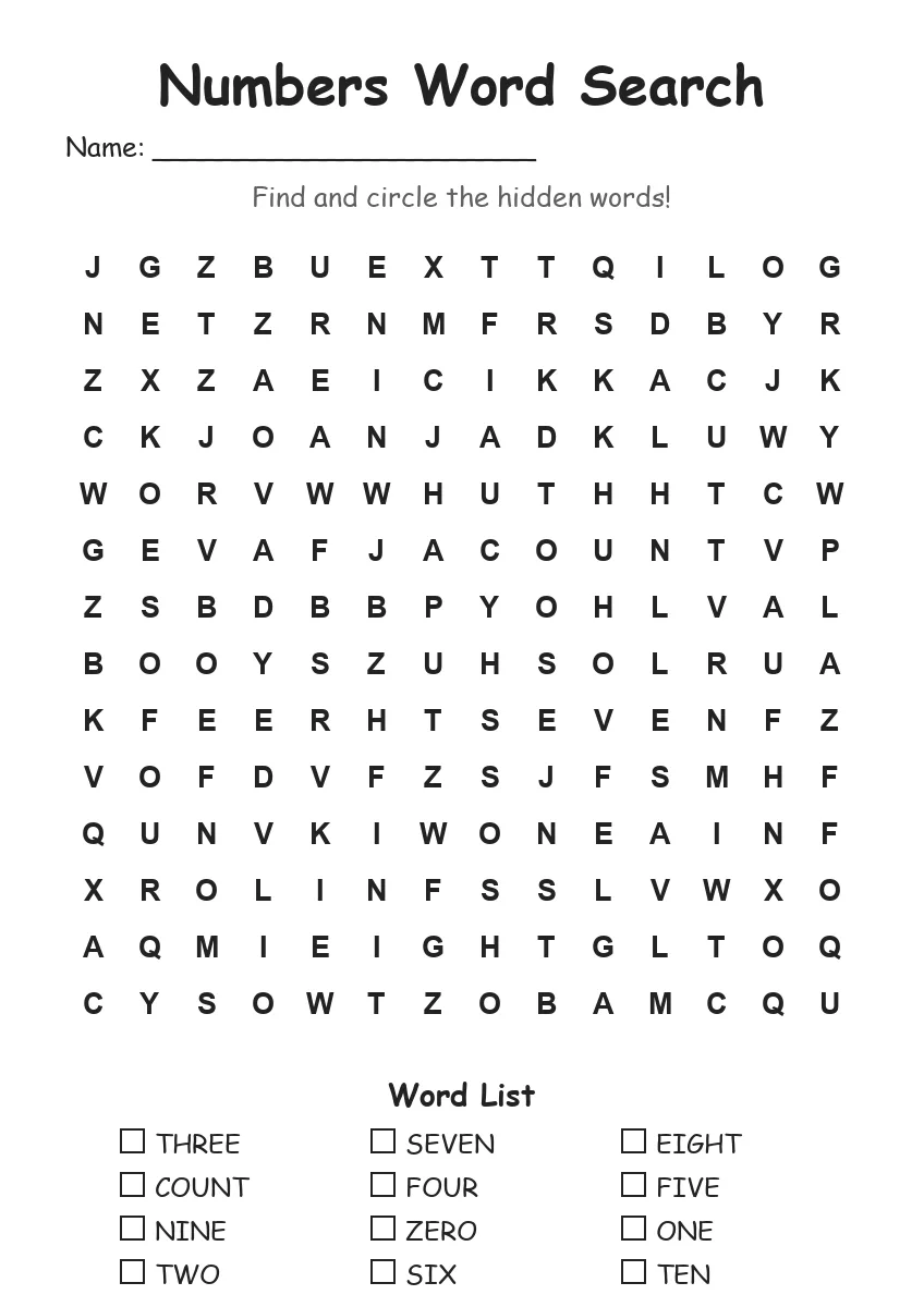 Numbers word search worksheet for Grade 3