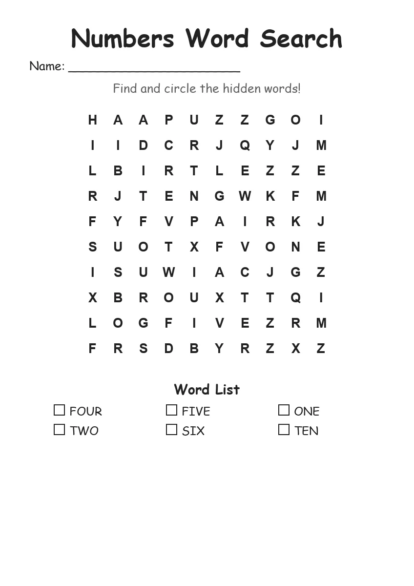 Numbers word search worksheet for Kindergarten