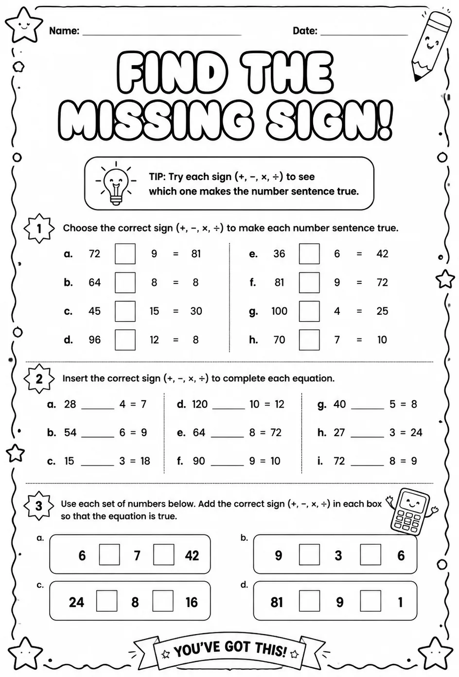 Numerical operations: find the missing sign — free printable Grade 5 math worksheet