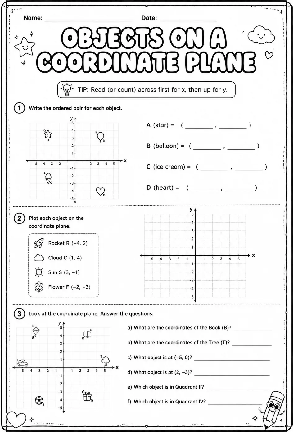 Objects on a coordinate plane — free printable Grade 6 math worksheet