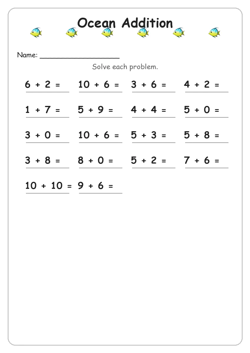 Ocean addition worksheet for Grade 1