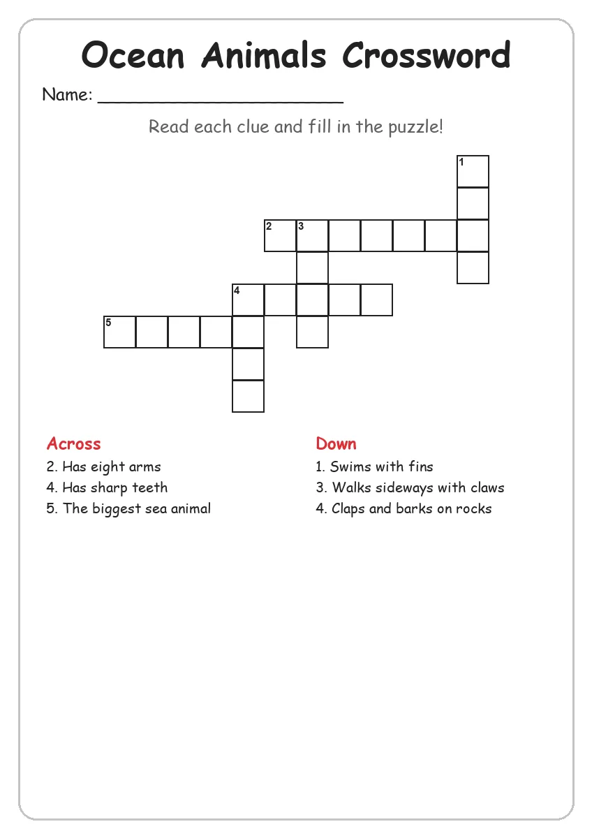 Ocean Animals crossword worksheet for Grade 2