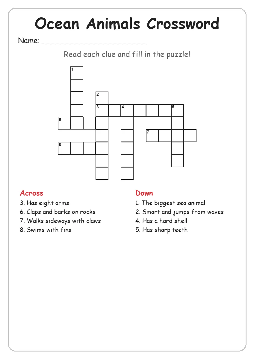 Ocean Animals crossword worksheet for Grade 3