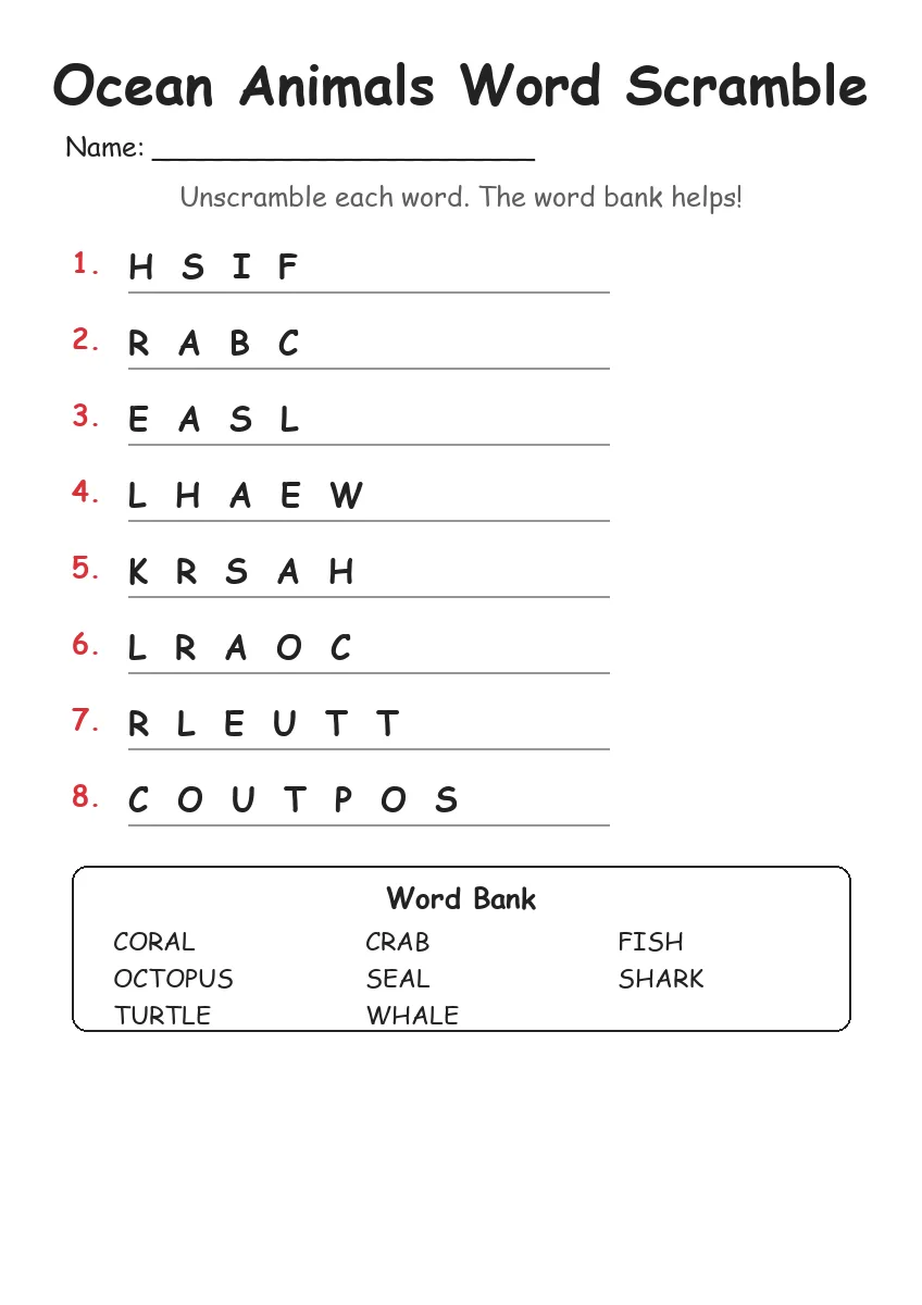 Ocean Animals word scramble worksheet for Grade 1