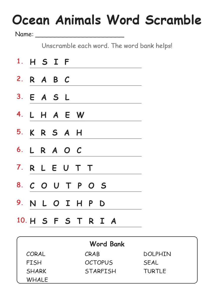 Ocean Animals word scramble worksheet for Grade 2