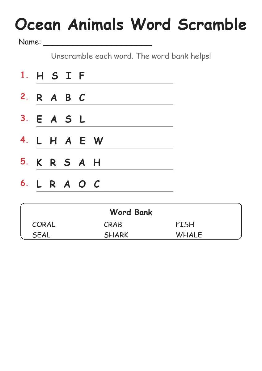 Ocean Animals word scramble worksheet for Kindergarten