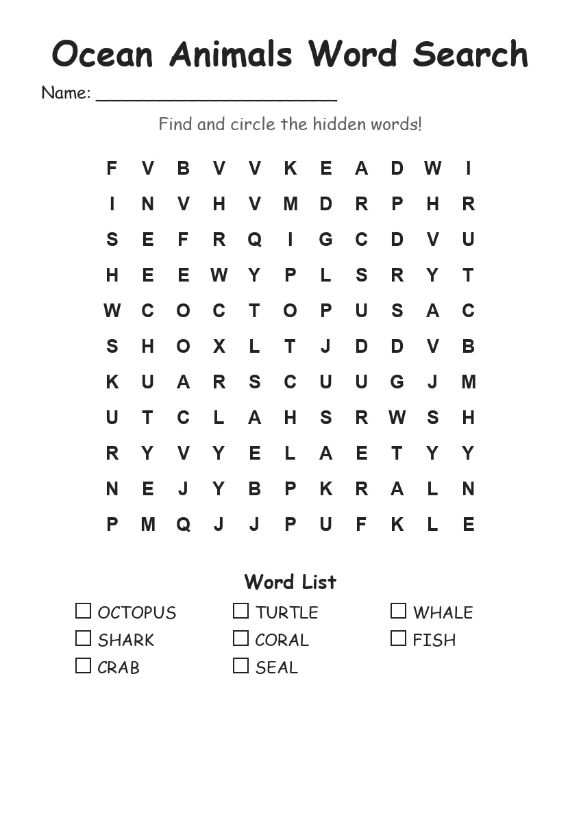 Ocean Animals word search worksheet for Grade 1