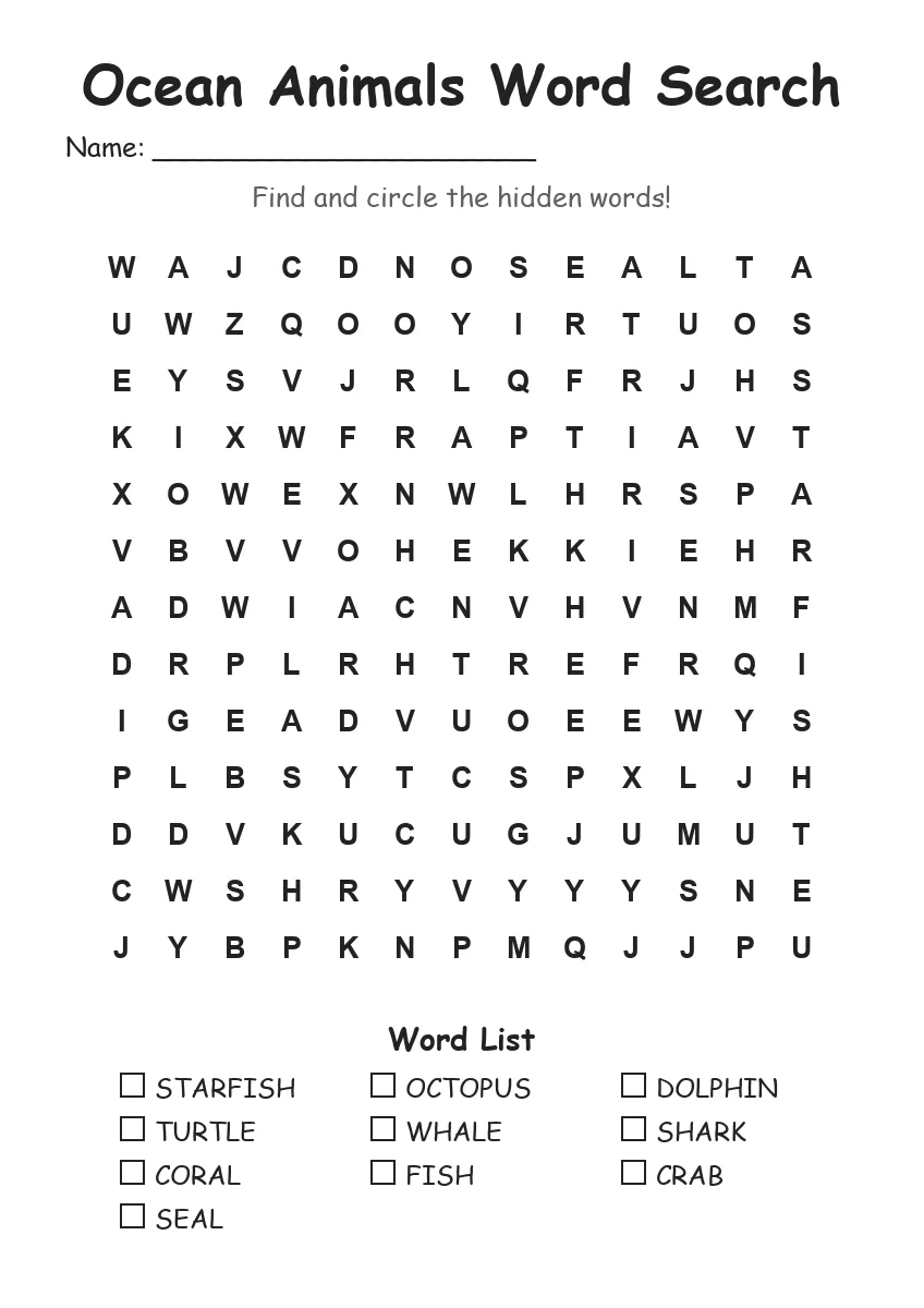 Ocean Animals word search worksheet for Grade 2