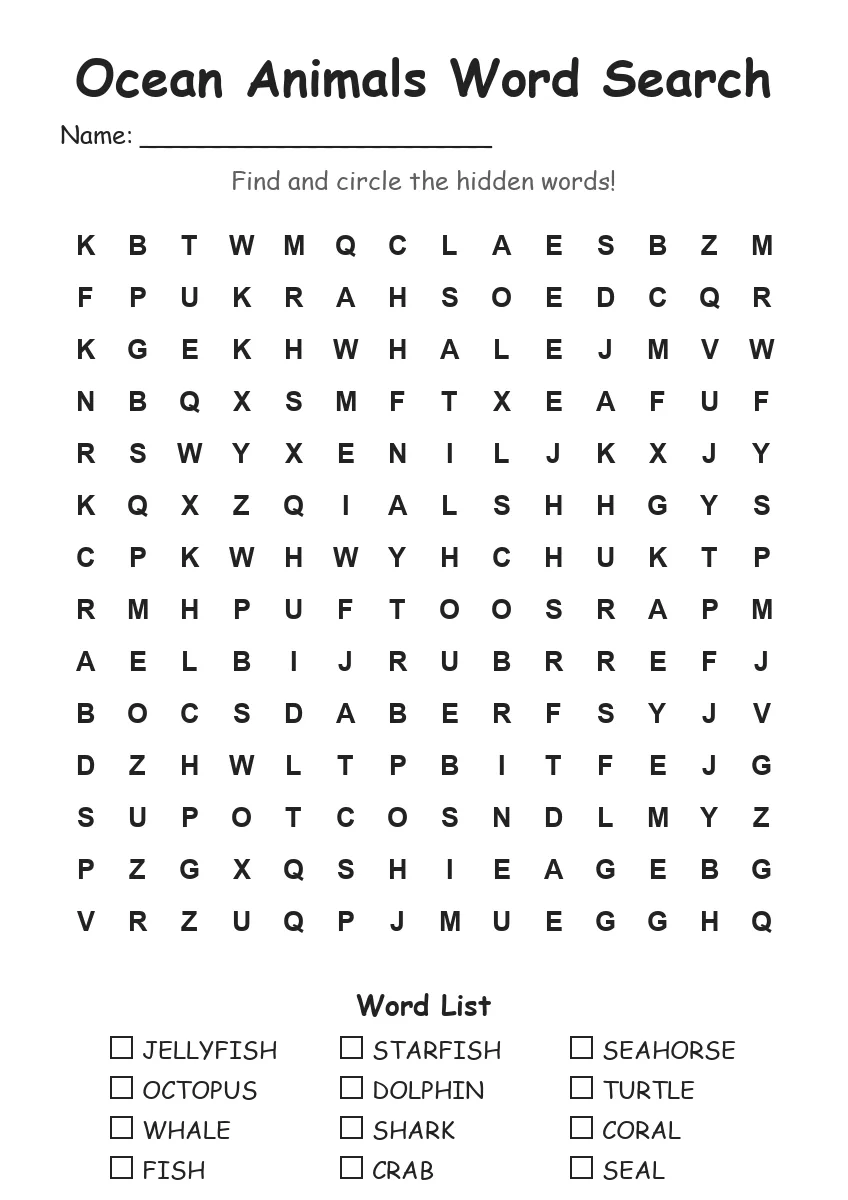 Ocean Animals word search worksheet for Grade 3