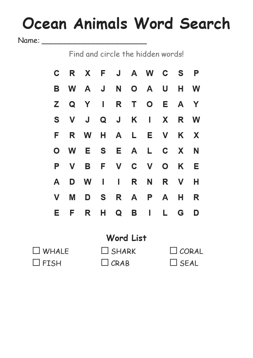 Ocean Animals word search worksheet for Kindergarten