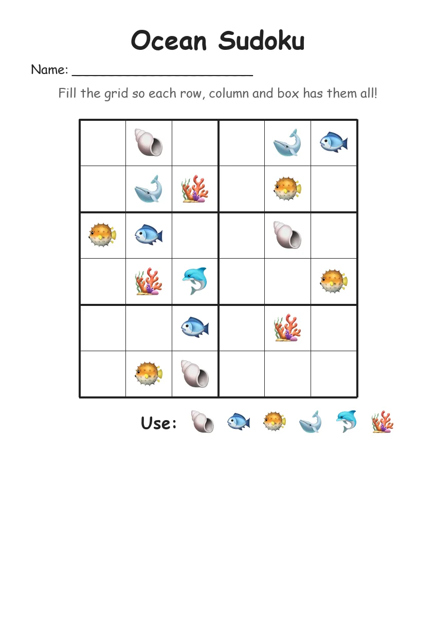Ocean Sudoku 6x6 (Grade 2) worksheet for Grade 2