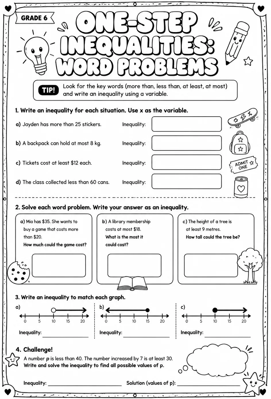 One-step inequalities: word problems — free printable Grade 6 math worksheet
