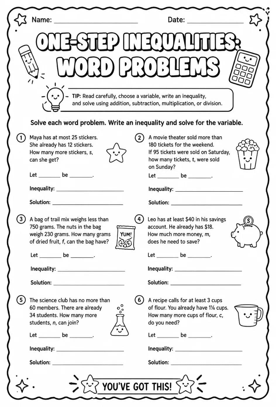 One-step inequalities: word problems — free printable Grade 7 math worksheet